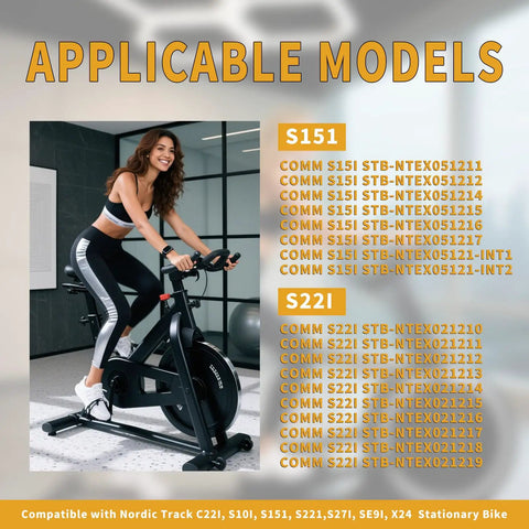 Woman on stationary bike with list of compatible models including S15i and S22i; 430157 Motor For Bike Replacement Control Board