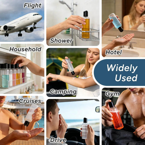 Various uses for TSA Approved Travel Bottles 3.4 Oz On The Go Friendly 5 Pack Leak Proof Squeezable Clear Plastic Containers With Labels