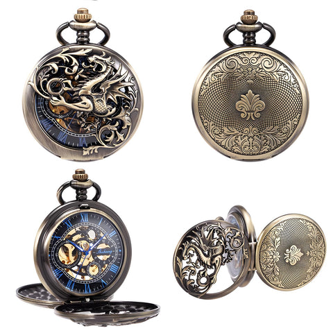 Mens Mechanical Pocket Watch With Chain Featuring Dope Lucky Dragon Steampunk Skeleton Hunter Double Open In Box Gift Ready For Holiday Or Special Occasion