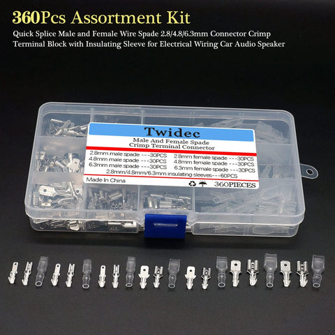 Twidec 360-piece spade terminal kit with insulated sleeves for 2.8/4.8/6.3mm automotive wiring (front view)