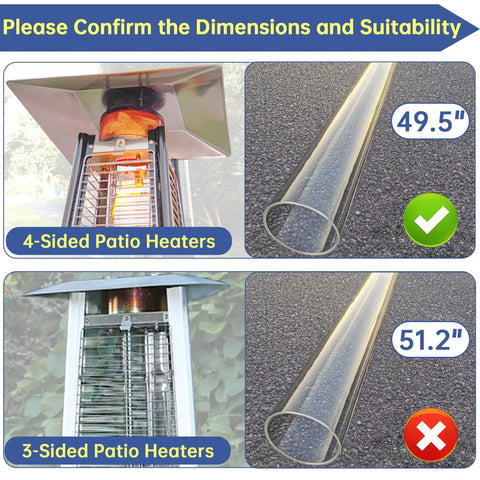 Replacement Glass Tube For Four Sided Pyramid Patio Heaters 49 Point 5 Inches Tall And 4 Inches Diameter compatibility check