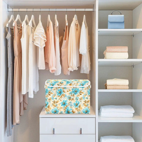 Hella Durable Foldable Storage Bin With Lid And Handles, Collapsible Cloth Storage Cube Organizer For Closet Bedroom, floral design in tidy closet.