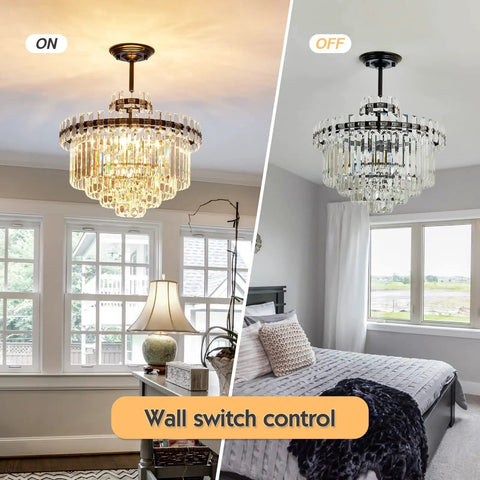 Lit 7 Light Black Crystal Chandelier Modern Semi Flush Mount Ceiling Light ON in living room, OFF in bedroom view.