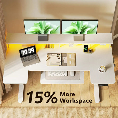 U Shaped Electric Standing Desk With Keyboard Tray And Monitor Stand, 55 Inch Adjustable Sit Stand Table, dual monitors installed