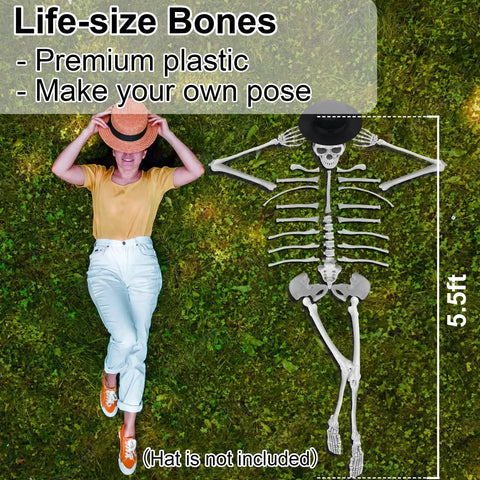 Life Size Skeleton Bones 35 Piece Halloween Decor Set next to person, plastic skeleton props on grass, hat not included