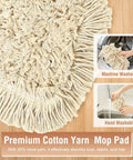 Close-up of a premium cotton yarn mop pad, highlighting machine and hand washable features on wooden floor.