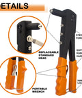 60-Piece Large Flange Aluminum Blind Rivets Kit With Heavy Duty Hand Riveter Tool details, showing rubber handle and wrench