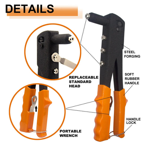 60-Piece Large Flange Aluminum Blind Rivets Kit With Heavy Duty Hand Riveter Tool details, showing rubber handle and wrench
