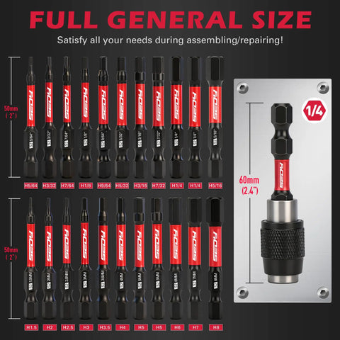 23-Piece Magnetic Hex Bit Set With 2.4 Inch Impact Bit Holder and 1/4 Inch Shank SAE and Metric Hex Bits on display