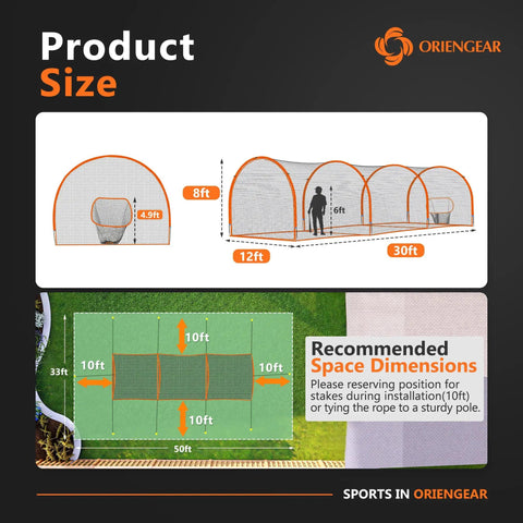 Product diagram showing 30 Ft Backyard Batting Cage With Frame And Net Heavy Duty Baseball Training Netting for size guidance.