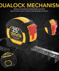 Two Pack 25 Foot Tape Measure With 1 Inch Nylon Coated Blade Dual Sided Matte White And Yellow Print Feet Inches Fractions And Metric True Zero Hook Heavy Duty Anti Skid Case For Quick Measurements showing dual-lock mechanism