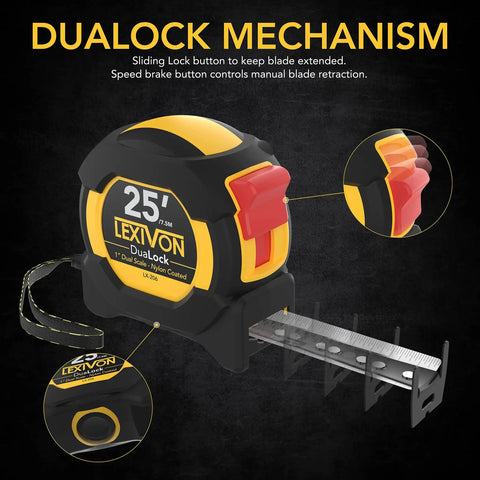 Two Pack 25 Foot Tape Measure With 1 Inch Nylon Coated Blade Dual Sided Matte White And Yellow Print Feet Inches Fractions And Metric True Zero Hook Heavy Duty Anti Skid Case For Quick Measurements showing dual-lock mechanism