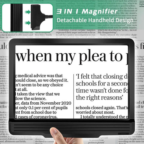 All In One Floor Magnifier With Light 5X Rechargeable On Stand 43 LED Floor Magnifying Lamp showing magnified text.