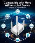 WiFi Extender Signal Booster for Home, Dual Band 2.4GHz and 5.8GHz, Covers Up to 10200 Sq Ft, shown supporting multiple devices