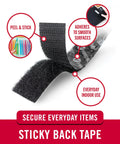 Black Adhesive Hook And Loop Tape Roll Five Feet By Three Quarters Inch Cut To Length Strips shown with peel and stick feature