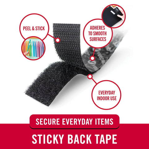 Black Adhesive Hook And Loop Tape Roll Five Feet By Three Quarters Inch Cut To Length Strips shown with peel and stick feature