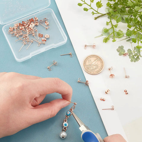 Rose Gold Ball Stud Earrings Pack 30 Hypoallergenic Stainless Steel Posts With Loops And Ear Nuts Dope For Jewelry Making DIY Earrings Crafting 14x3mm Everyday, DIY earring assembly