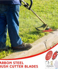 Person using trimmer with Six Steel Teeth Razor Trimmer Heads And Three Teeth Brush Cutter Blades Set for yard work