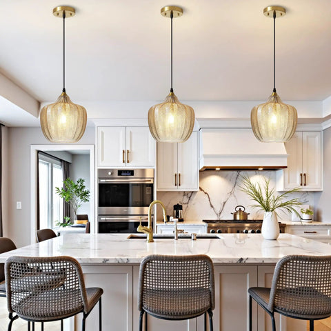 Top Shelf Amber Glass Pendant Light With Vintage Gold Trim For Kitchen Island And Dining Area height adjustable in modern kitchen.
