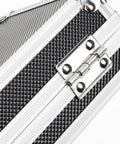 Heavy Duty Aluminum Tool Case With Dead Secure Latch And Comfy Grip Handle For Organizing Multi Purpose Large Capacity Work Gear Tablets Screws And Electronic Devices Portable Storage Box close-up showing latch and textured surface.