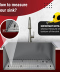 Stainless Steel Kitchen Sink Grid Protector 28x14 Inch Bottom Rack with vinyl feet in sink, rear drain visible, measurement guide shown