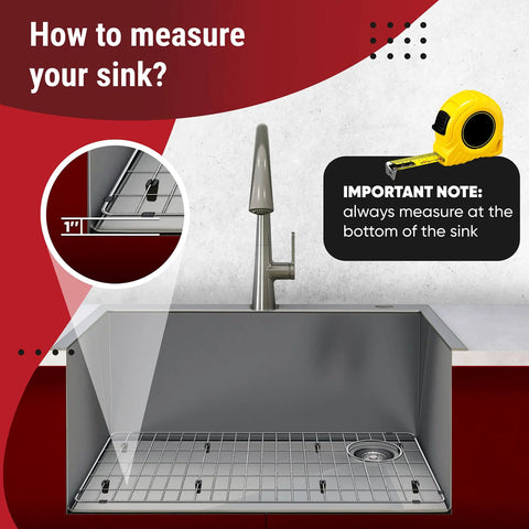 Stainless Steel Kitchen Sink Grid Protector 28x14 Inch Bottom Rack with vinyl feet in sink, rear drain visible, measurement guide shown