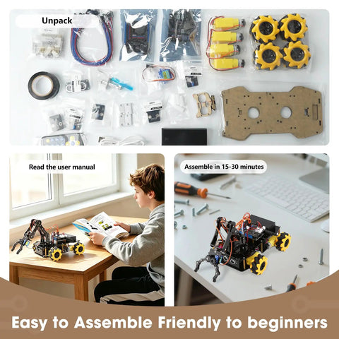 Programmable Robotic Arm Kit With 5DOF For Kids And Teens, ESP32 Arduino Python Blockly Coding, App Control And Remote, STEM DIY Gift For Ages 8-16 And Up, Learn To Grab, Lift, And Place Objects. Unboxed parts and assembled beginner robot