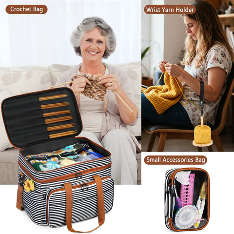 3 Piece Crochet Bag Set With Wrist Yarn Holder Large Waterproof Yarn Tote Knitting Organizer With Adjustable Strap Black Stripes