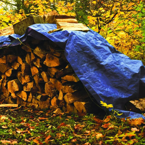 Blue 10 X 20 Ft Waterproof Tarp Cover With 4 Mil Thick Poly Material covering firewood in forest, rope sewn edges visible.