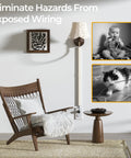 Living room scene with beige cable raceway installed on wall, showing safety benefits of hiding wires for children and pets.