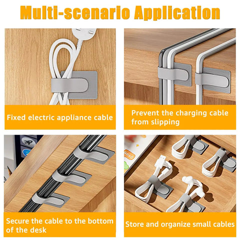 Image showing various uses of 80 Piece Set Hook And Loop Cable Straps For Desk Cable Management Tames Messy Cords With Adhesive Wire Ties.