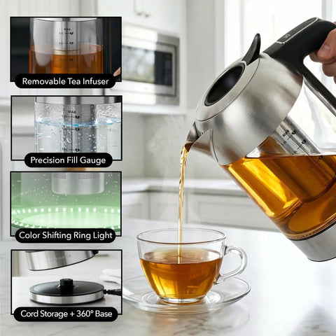 Digital Glass Electric Kettle With Temperature Control, pouring tea, showing removable tea infuser, and color shifting light