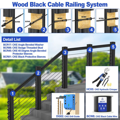 Wood Black Cable Railing System with installation steps and tools, featuring Black One Eighth Inch Cable Railing Hardware Kit Pack Of Fifty For Four By Four Or Two By Two Wood Or Metal Posts, Easy Install Hand Swage Threaded Stud Tension End Fittings, Terminal Ends, 316 Stainless Deck Cable Railing System.