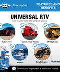 Reinzosil RTV Silicone Sealant 200 Ml Tube For Auto And Industrial Use shown with automotive, commercial, off-highway images