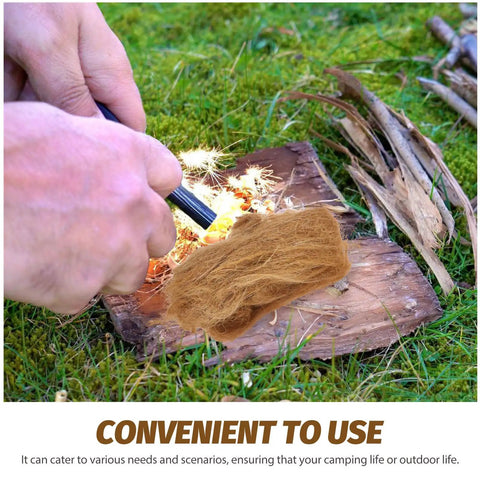Person using 4 Piece Jute Flame Starters Quick Ignition Reusable Outdoor Fire Starters on wooden surface outdoors