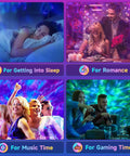 Galaxy Projector Skylight with 24 Light Modes and White Noise Bluetooth Speaker showing uses for sleep, romance, music, and gaming.