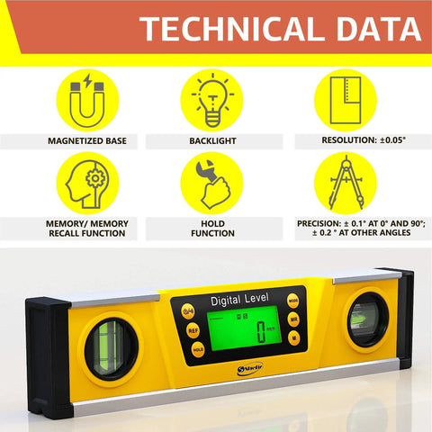 Image of Digital Level 10 Inch Torpedo Level With Protractor And Magnetic Base, Bright LCD Display for DIY projects technical data.
