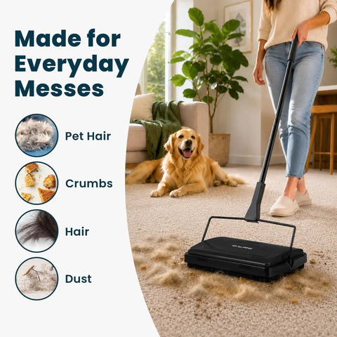 Grab And Go No Sweat Manual Sweeper For Carpets Hardwood And Rugs Triple Brush picks up pet hair and crumbs on carpet.