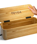 Natural Bamboo Cable Box For Home And Office Hide Power Strips And Cables Keep Surges Safe And Cords Under Control, open lid view.
