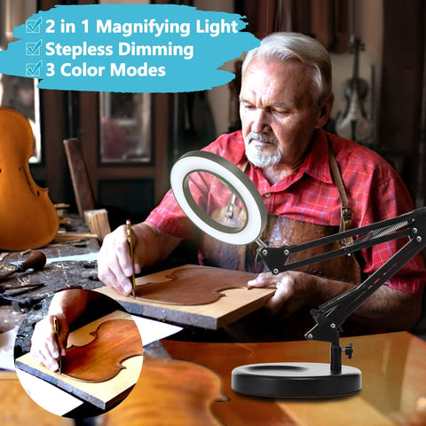 10X Magnifying Glass With Light And Stand, Dimmable LED Desk Lamp With Clamp, 1200 Lumen Bright Magnifier, 3 Color Modes Cool White White Warm Yellow, Swivel Arm For Reading, Crafting And Close Work