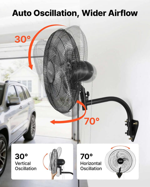18 Inch Wall Mount Oscillating Fan With 3 Speed Settings, Long Reach Airflow Up To 29.5 Feet, Adjustable Tilt, Industrial Grade