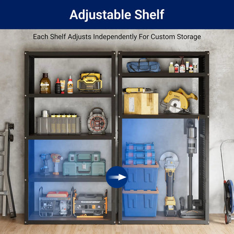 Heavy Duty Five Tier Storage Shelves With Sturdy Built In Pegboard Backing And A Serious Heavy Hitter Garage Shelving System That Moves Big Boxes Without Breaking A Sweat At All, showing adjustable shelves with tools.