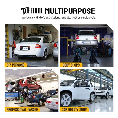 Collage of auto shops using Tuffiom hydraulic tools for DIY, body work, professional garage, and car beauty maintenance.