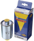 F33144 Fuel Filter For Clean Fuel And Peak MPG with packaging, metal fuel filter next to Purolator box.