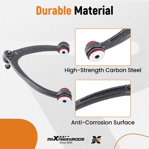 High-strength carbon steel control arm from 12 Piece Front Suspension Control Arm Kit With Polyurethane Bushings For Chevy Silverado 1500 GMC Sierra 1500 Cadillac Escalade Tahoe Suburban Yukon Avalanche 2007 To 2013 Bolt On Upgrade For A Smoother Ride with anti-corrosion surface.