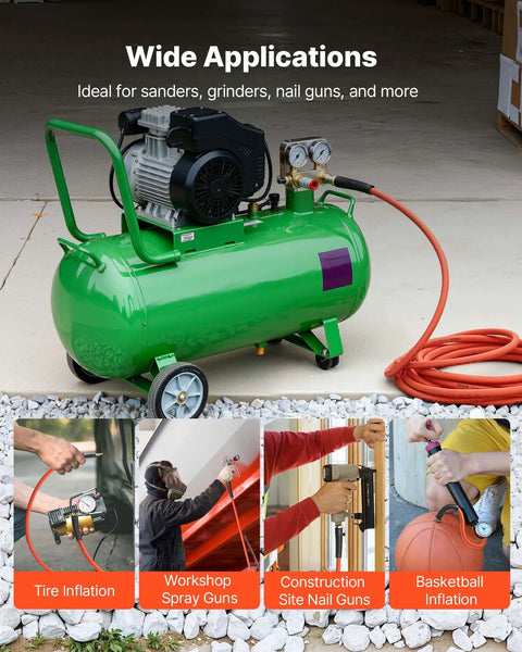 Heavy Duty 1/2 Inch By 100 Foot Air Compressor Hose With Solid Brass Fittings Kink Free Pneumatic Tubing in use with green air compressor.