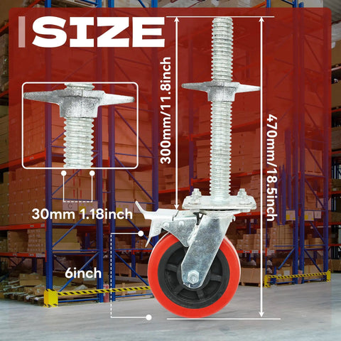 Tough As Nails 6 Inch Scaffolding Caster Wheels With Reliable Brake And Easy Adjustable Leveling Jacks showing size dimensions
