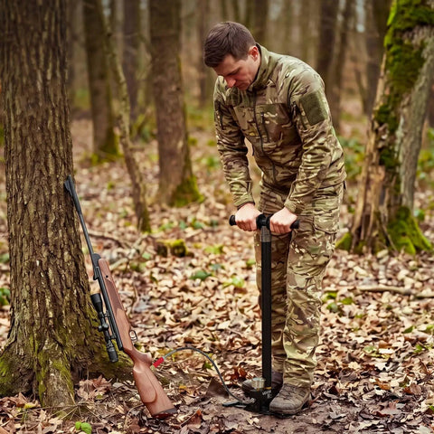 Man using 4-stage high-pressure PCP hand pump for air rifles, paintball, and tires, 5800 PSI, with moisture filter and gauge outdoors