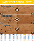 Before and after wood repair using All In One Wood Repair Kit With 60 Plus 2 Pcs, 30 Color Wax Filler Sticks And Scrapers