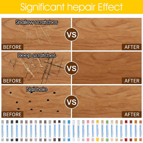 Before and after wood repair using All In One Wood Repair Kit With 60 Plus 2 Pcs, 30 Color Wax Filler Sticks And Scrapers